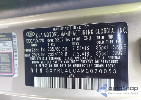 2021 Kia Sorento S z USA, uszkodzony, nr VIN 5XYRL4LC4MG020053